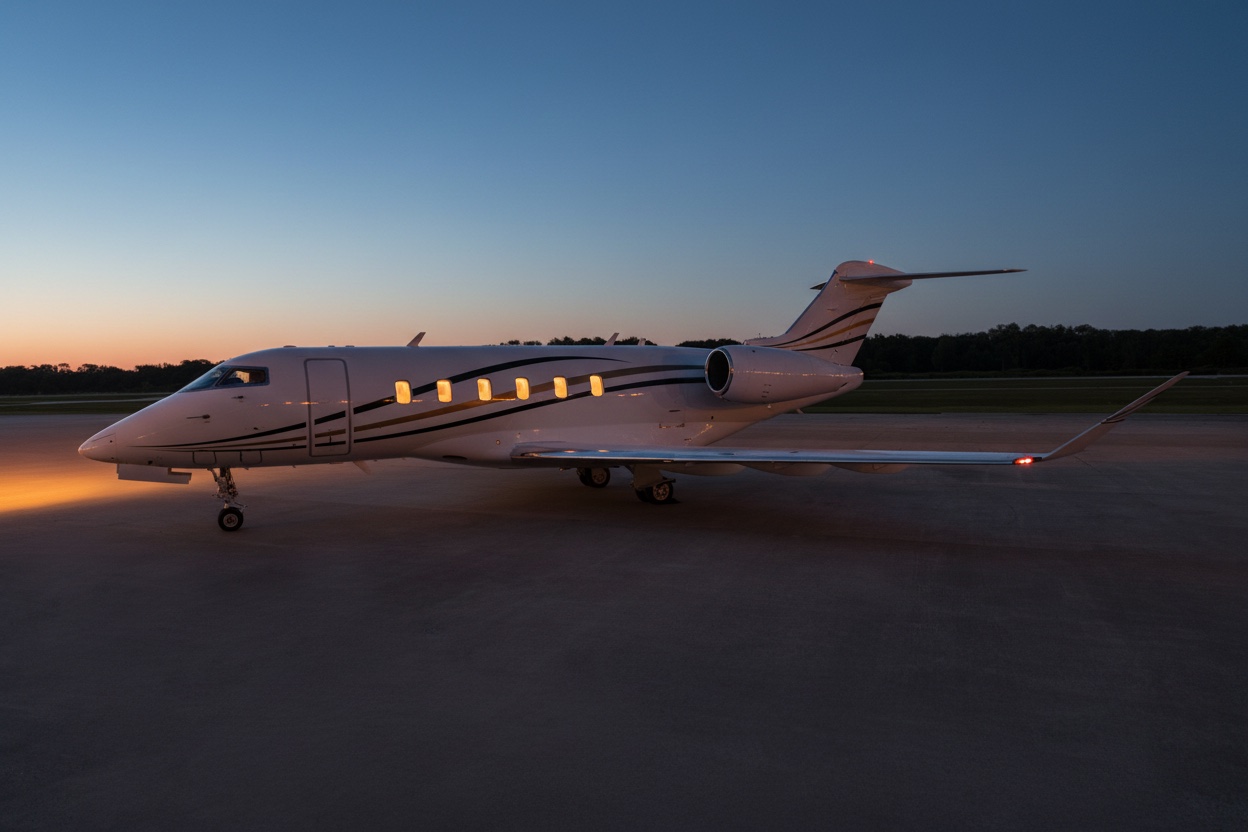 Bombardier Challenger on the ramp at dusk